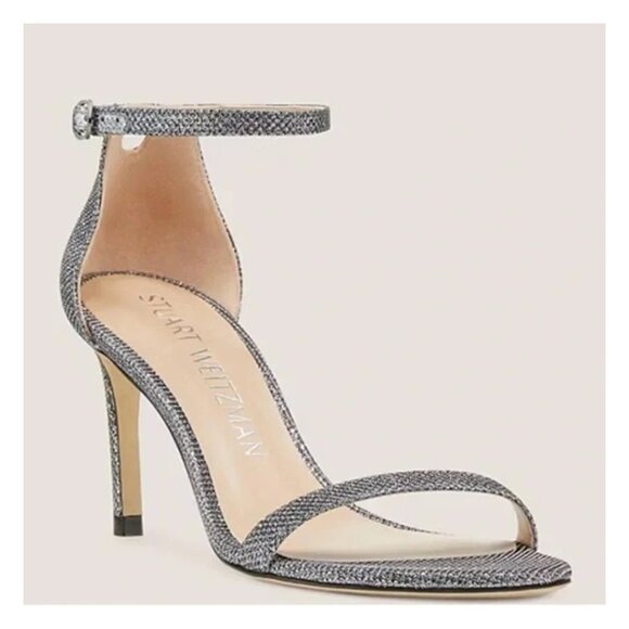 $500 STUART WEITZMAN nunaked 3.5" GLITTER GUNMETAL HEEL STRAP SANDAL 10.5 (TE10) - Picture 1 of 7